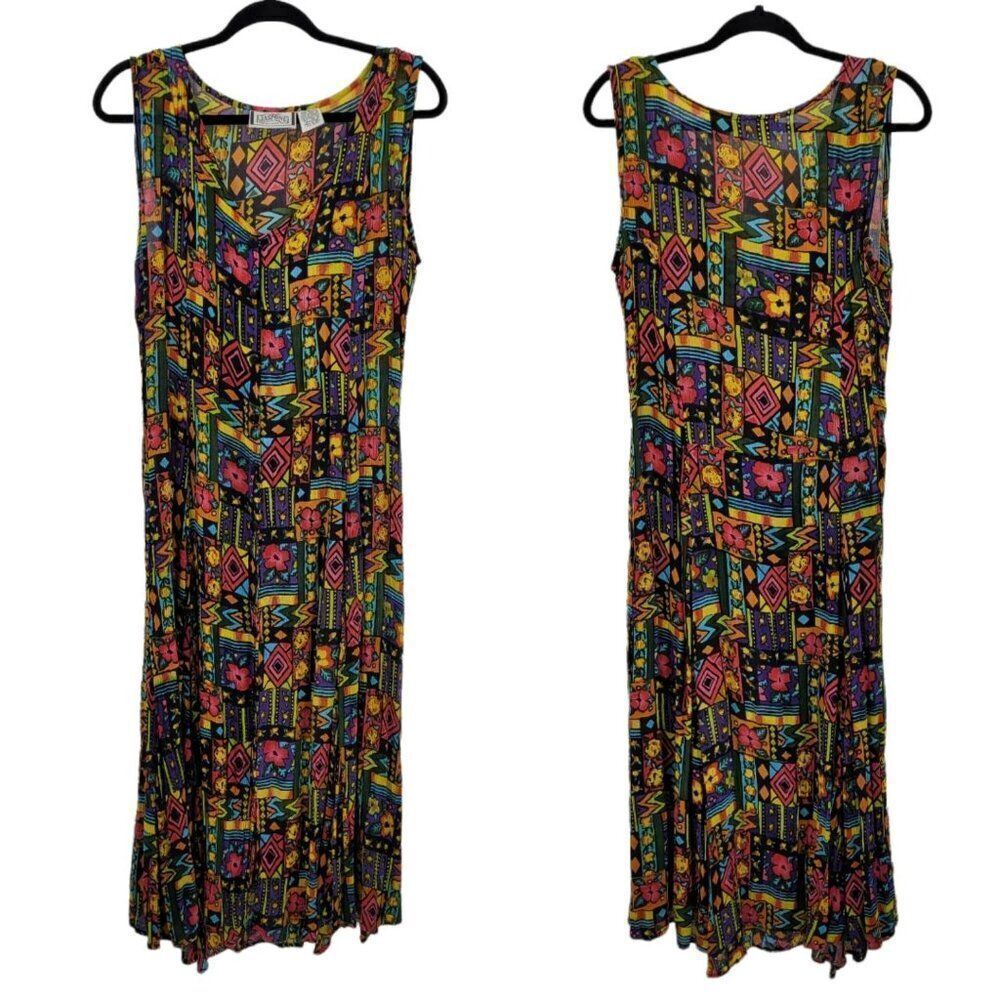 Vintage 80s Dress M Maxi Dopamine Jamaican Tropical Sleeveless MuMu‎ Pinafore